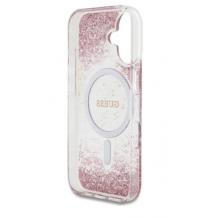 Оригинален калъф / гръб / GUESS Bottom Glitter с безжично зареждане MagSafe кейс за Apple iPhone 16 (6.1) - розов брокат