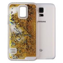 Луксозен твърд гръб 3D за Samsung Galaxy S5 G900 / S5 Neo G903 - прозрачен / златист брокат / звездички