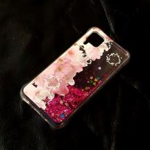 Луксозен гръб 3D Water Case за Huawei P40 lite - течен гръб с розов брокат / прозрачен с розови цветя