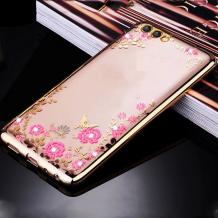 Луксозен силиконов калъф / гръб / TPU с камъни за Huawei Y6 2018 - прозрачен / розови цветя / златист кант