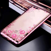 Луксозен силиконов калъф / гръб / TPU с камъни за Huawei Y6 2018 - прозрачен / розови цветя / Rose Gold кант