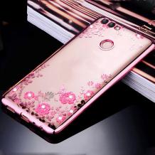Луксозен силиконов калъф / гръб / TPU с камъни за Huawei Y9 2018 - прозрачен / розови цветя / Rose Gold кант