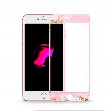 Стъклен скрийн протектор / 9H HD Full Tempered Glass Film Kauaro Swarovski Screen Protector / за дисплей нa Apple iPhone 6 / iPhone 6S - розов / бели цветя