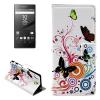 Кожен калъф Flip тефтер със стойка за Sony Xperia Z5 - бял / цветя и пеперуди