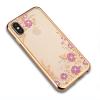 Луксозен силиконов калъф / гръб / TPU с камъни за Apple iPhone X - прозрачен / розови цветя / златист кант