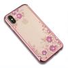 Луксозен силиконов калъф / гръб / TPU с камъни за Apple iPhone X - прозрачен / розови цветя / Rose Gold кант