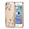 Луксозен силиконов калъф / гръб / TPU с камъни за Apple iPhone 5 / iPhone 5S / iPhone SE - бели цветя / златист кант