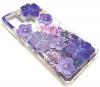 Луксозен гръб 3D Water Case за Samsung Galaxy A21s - течен гръб с лилав брокат / прозрачен с лилави цветя