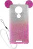 Луксозен силиконов калъф / гръб / TPU 3D за Motorola Moto E5 - преливащ / розово и сребристо / брокат / миши ушички / 2в1