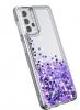 Луксозен твърд гръб 3D Water Case за Samsung Galaxy A02s - прозрачен / течен гръб / сърца / лилав брокат