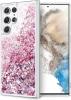 Луксозен твърд гръб / кейс / 3D Water Case за Samsung Galaxy S22 Ultra- прозрачен / течен гръб с брокат / розов