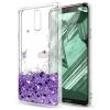Луксозен гръб 3D Water Case за Samsung Galaxy S21 Ultra - прозрачен / течен гръб с лилав брокат / сърца