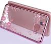 Луксозен силиконов калъф / гръб / TPU с камъни за Samsung Galaxy A3 2017 A320 - прозрачен / розови цветя / розов кант