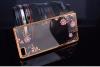 Луксозен силиконов калъф / гръб / TPU с камъни за Huawei Ascend P8 Lite / Huawei P8 Lite - розови цветя / златист кант