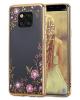 Луксозен силиконов калъф / гръб / TPU с камъни за Huawei Mate 20 Pro - прозрачен / розови цветя / златист кант