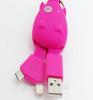 USB кабел за зареждане и пренос на данни 2 in 1 / Micro USB + iPhone 5 / 5S - Cow Keychain / розов