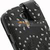 Кожен калъф Flip тефтер за Samsung Galaxy S4 mini I9190 I9195 / Samsung S4 mini Dual I9192 - черен с камъни