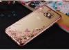 Луксозен силиконов калъф / гръб / TPU с камъни за Samsung Galaxy S7 G930 - розови цветя / розов кант