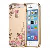 Луксозен силиконов калъф / гръб / TPU с камъни за Apple iPhone 5 / iPhone 5S / iPhone SE - розови цветя / златист кант