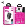 Зарядно устройство комплект HOCO N61, 20W, 3A, 1x USB-C 1x USB-A + кабел USB-C - USB-C - Черно