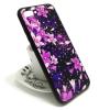 Луксозен стъклен твърд гръб със силиконов кант и камъни за Apple iPhone 7 Plus / iPhone 8 Plus - черен / лилави цветя