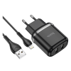 Зарядно устройство HOCO N4 220V / Dual USB to Lightning - черно