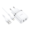 Зарядно устройство HOCO N4 220V / Dual USB to Lightning - бяло