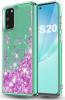 Луксозен твърд гръб 3D Water Case за Samsung Galaxy S20 - прозрачен / течен гръб с брокат / сърца / лилав
