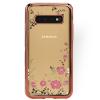 Луксозен силиконов калъф / гръб / TPU с камъни за Samsung Galaxy S10e - прозрачен / розови цветя / Rose Gold кант
